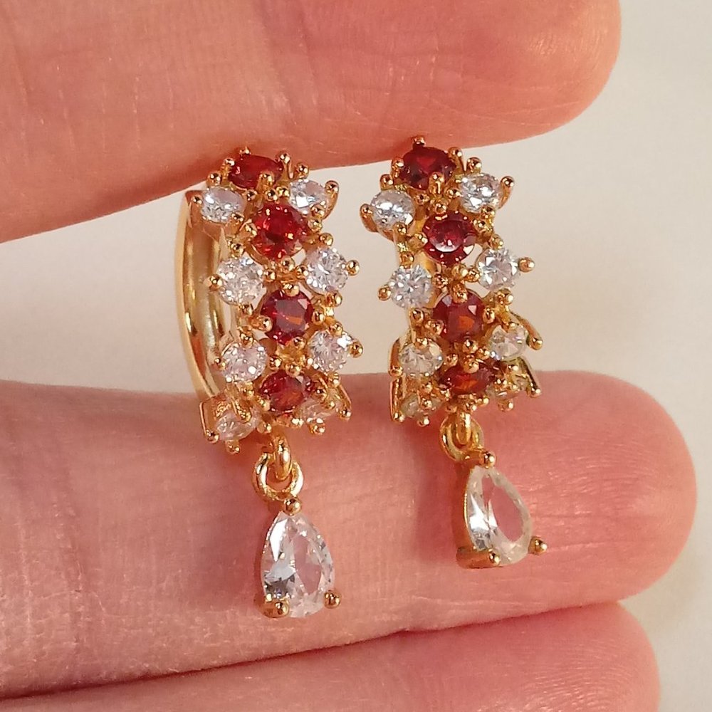 18K Yellow Gold Filled Elegant Red Diamond Zircon Multi Layer Dangle Earrings